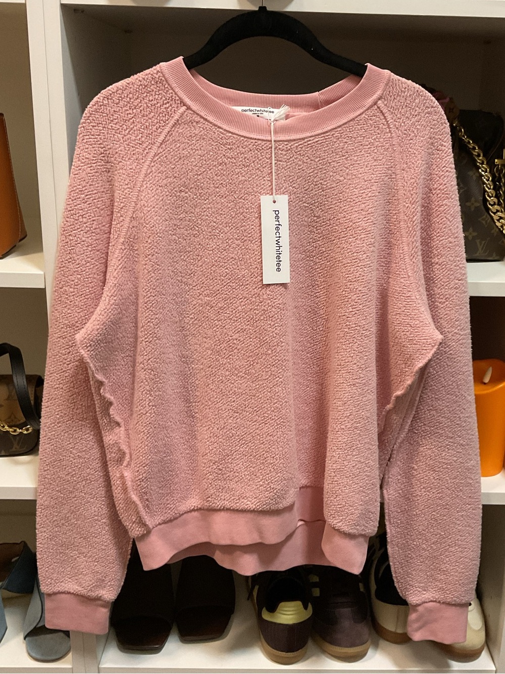 NWT perfectwhitetee ziggy
reverse fleece crew neck sweatshirt in Vintage Pink M